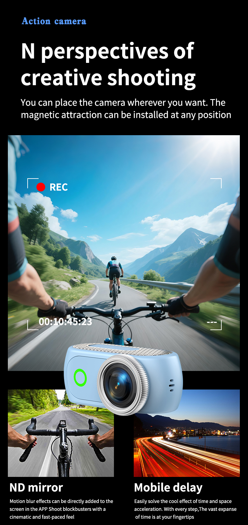 Panoramic Camera Magnetic Detachable Action Camera 2.0 Inch Flip Screen Electronic Anti Shake WiFi APP Transfer