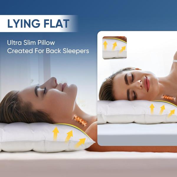 Comfortable and Supportive Slim Bed Pillows for Stomach Sleeper Memory Foam Filling