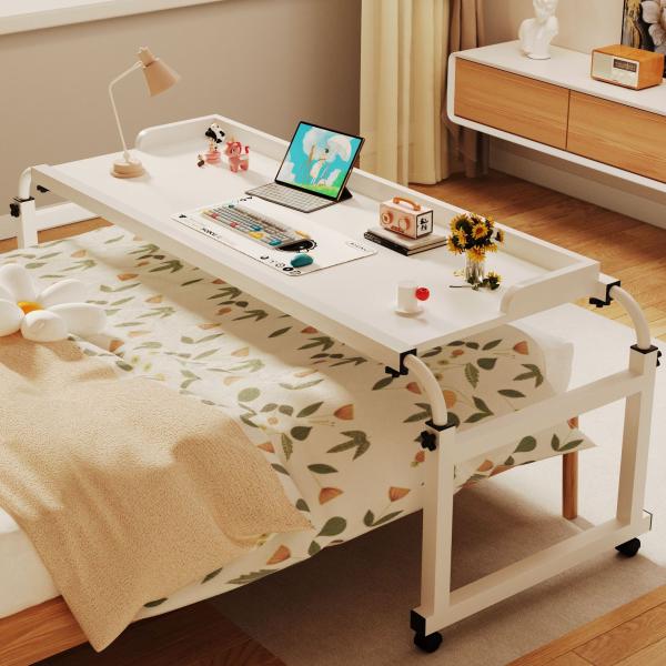 Movable Desk Overbed Table for Laptop Computer Adjustable Height and Length with Wheels in Living Room Bedroom