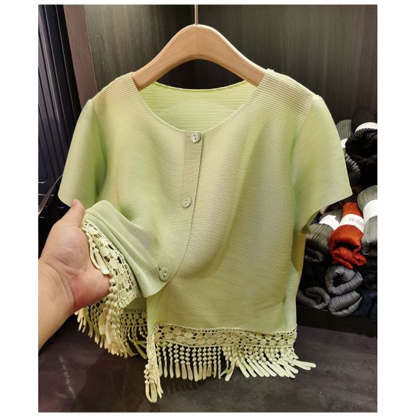 Sweet Tassel Design Spring Summer New Solid Color Thin Rabbit Polyester Casual Short Sleeve Cardigan Top Crewneck Loose Short