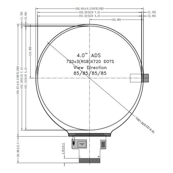 4 Inch Circular Lcd Display Module 720x720 Dots IPS TFT With 40 Pins FPC
