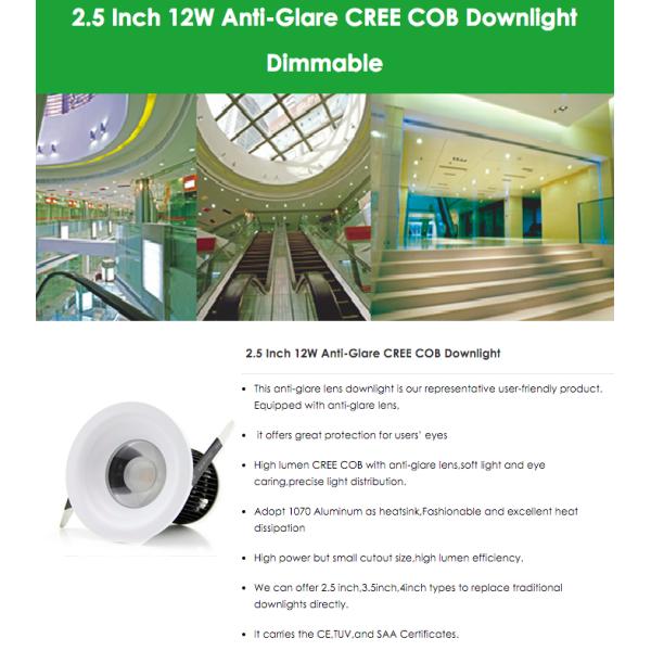 Led down light 2.5inch 12W Anti-Glare Cree COB