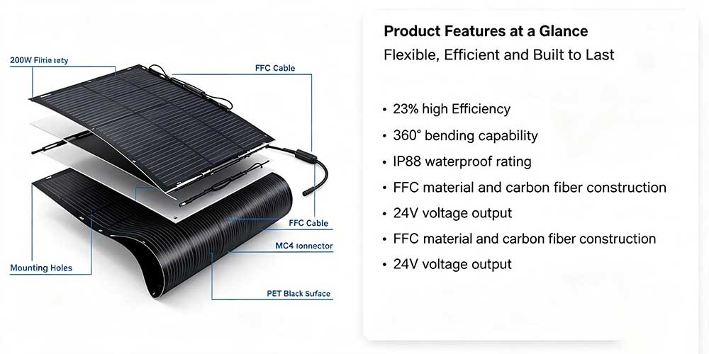 200W High Efficiency Flexible Solar Panel, 360° Bendable Solar Module for RV Roof, Boat & Balcony Solar
