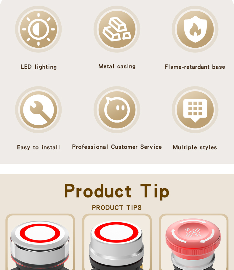 LA38 emergency stop button switch with light, self-locking and self-reset, ring light, 10A high-current power emergency stop button
