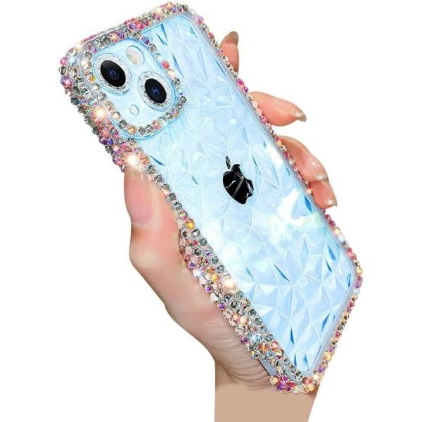 Deluxe Crystal Diamond Pattern Camera Lens Protection Transparent Soft Shockproof Cover Phone Case (blue, iPhone 13 Pro