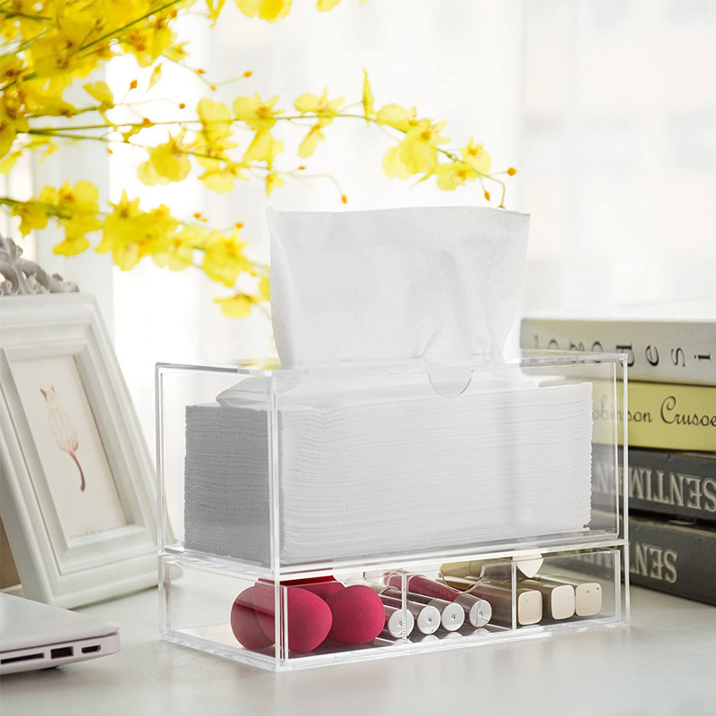 Customizable Pull-Out Double-Layer Acrylic Storage Box Multi-Functional Desktop Tissue Organizer for Home Office