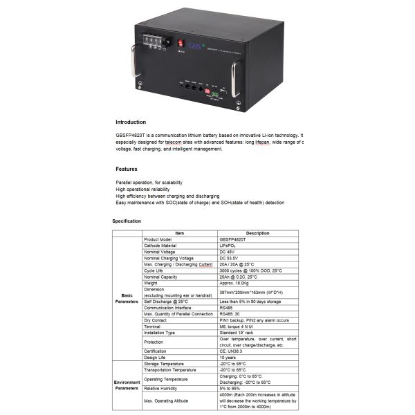 GBS 48V 20Ah LiFePO4 Split Stackable Rack-Mounted Battery with BMS IP54 Protection 3000-Cycle Life Communication 5-Year Warranty