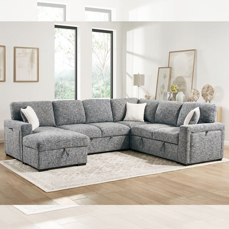 U-Shaped Sectional Sleeper Sofa with Pull Out Bed and Dropdown Table and Storage Chaise Lounge and Storage Loveseat and Cup holders, Navy Fabric