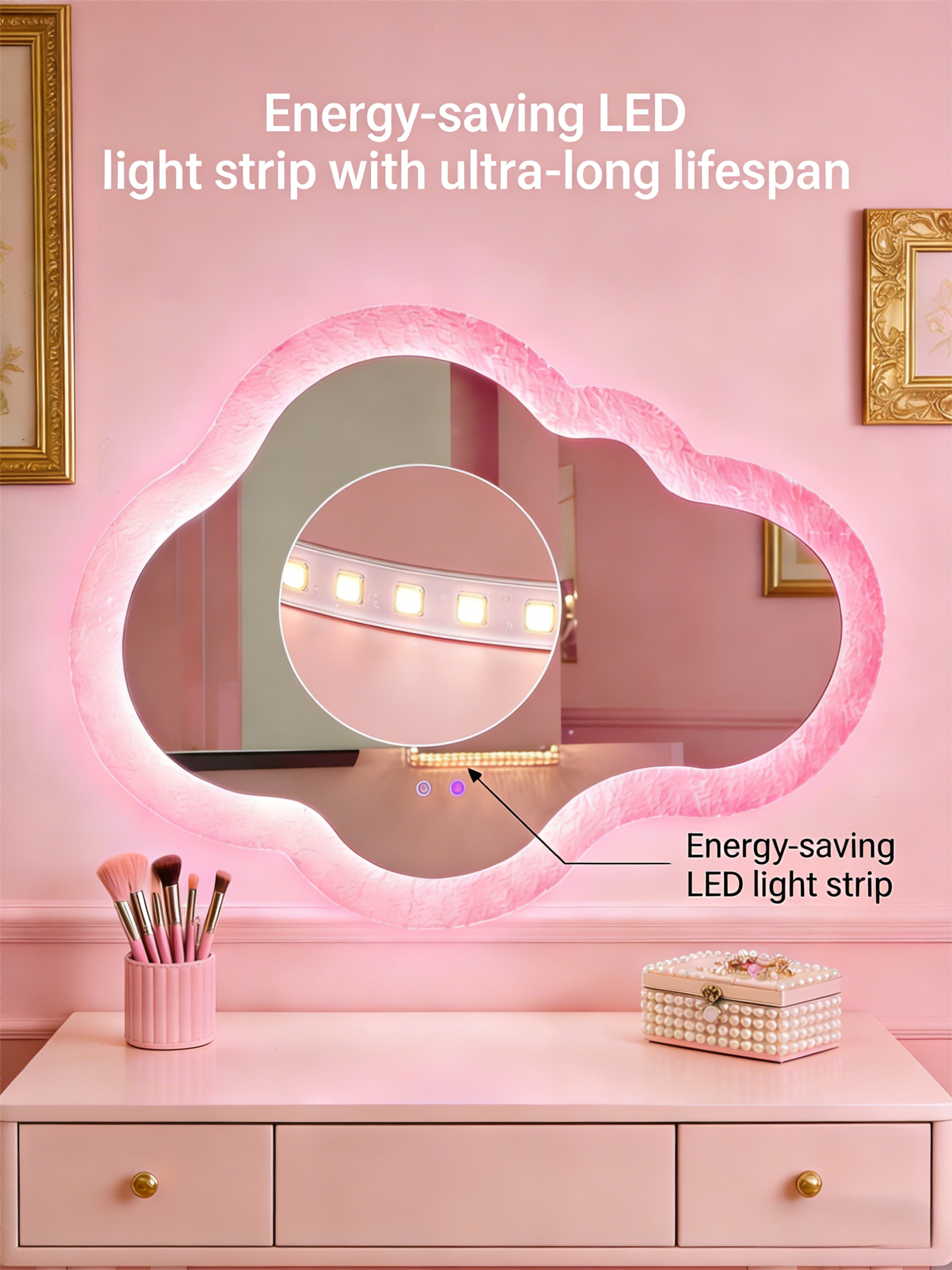 Kingstin Cloud-shaped LED Decorative Mirror, Energy-saving Adjustable Light Makeup Mirror Suitable for Bedroom Vanity Cabinet