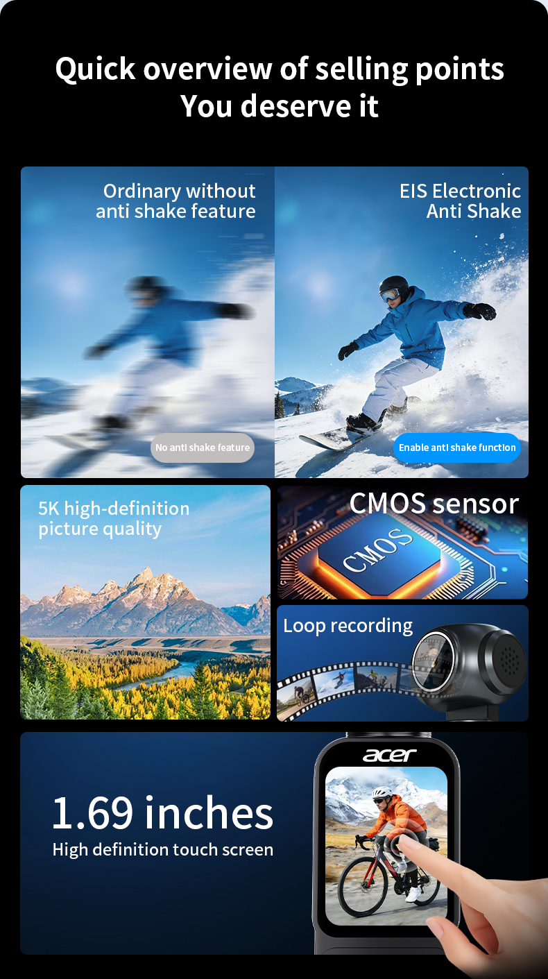 Super Popular 5k Touch Handheld Gimbal Action Camera Lightweight Camera Multiple Shooting Modes Wifi Supported