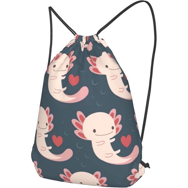 Drawstring Backpack with Axolotls, Hearts and Bubbles - Adorable and Practical - Suitable for Women and Girls