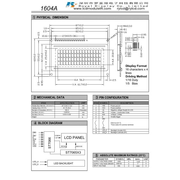 Monochrome STN FSTN 1604 Character LCD Display Module ST7065 / ST7066 Controller