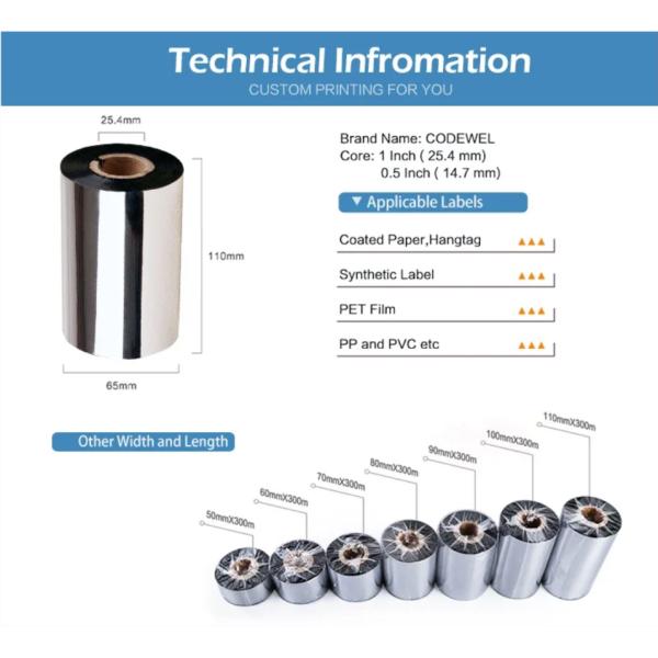 Stylus Printer Compatible 55mm*100m Thermal Transfer Bar Code Ribbon Durable Material