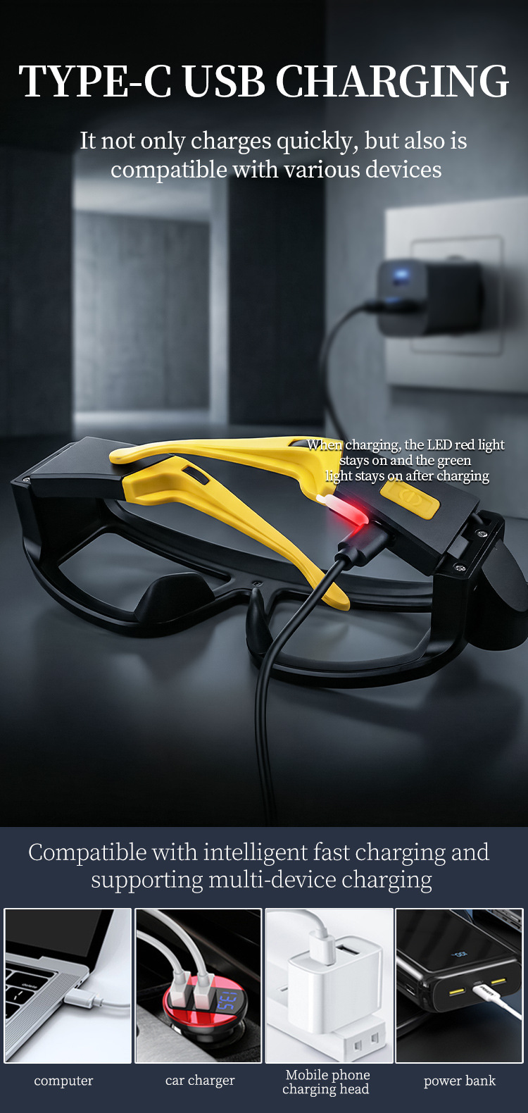 Multifunctional Glasses Light USB Charging Warning Compact Portable Hanging Ear Headlight Outdoor Hiking Lighting Headlight