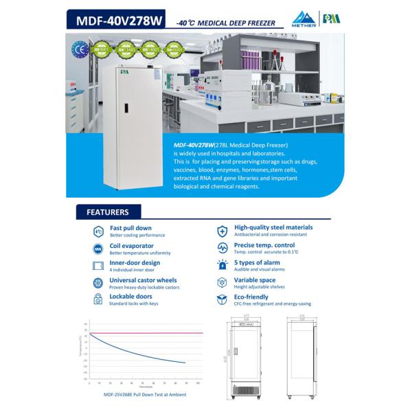 7 Inner Drawers 278L Single Solid Door Biomedical Grade Deep Freezer With Temperature Control