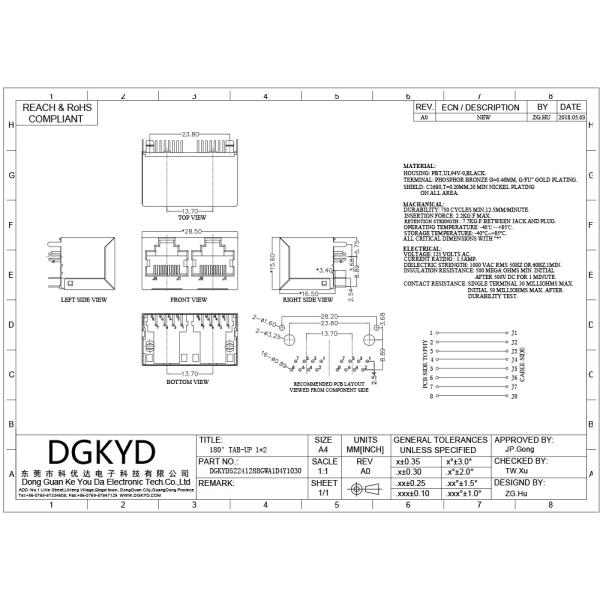 Modular 180 Degree 1X2 Ethernet RJ45 Connector