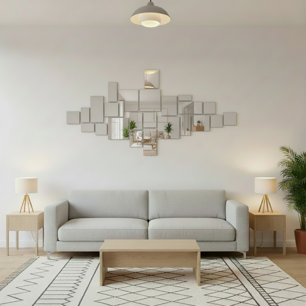PS Geometric Modular Mirror Tiles showing arrangement options