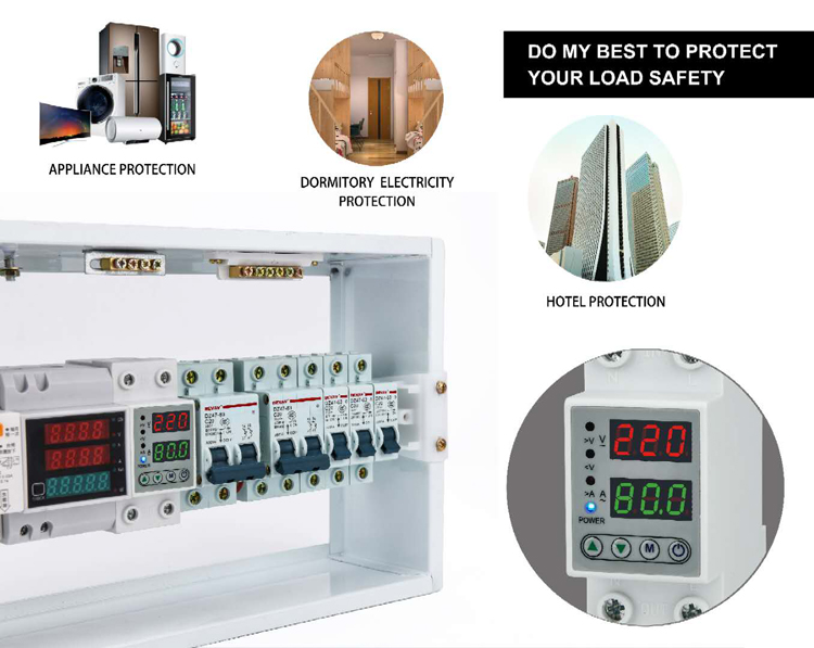 Adjustable 220V AC Single Phase 63A Voltage Protector LED Display Copper PC Material Din Rail Type 1s-90s Time Delay Recovery