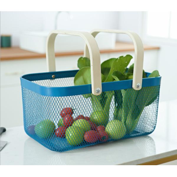 Rectangular Rustproof 750g Metal Wire Fruit Basket With Wood Handle