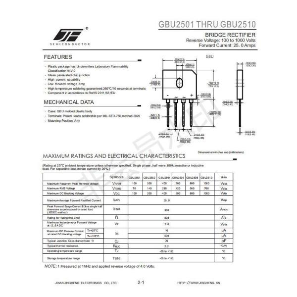 GBU2510 25A/1000V Bridge Rectifier Diode None Luminance for Customer Requirements