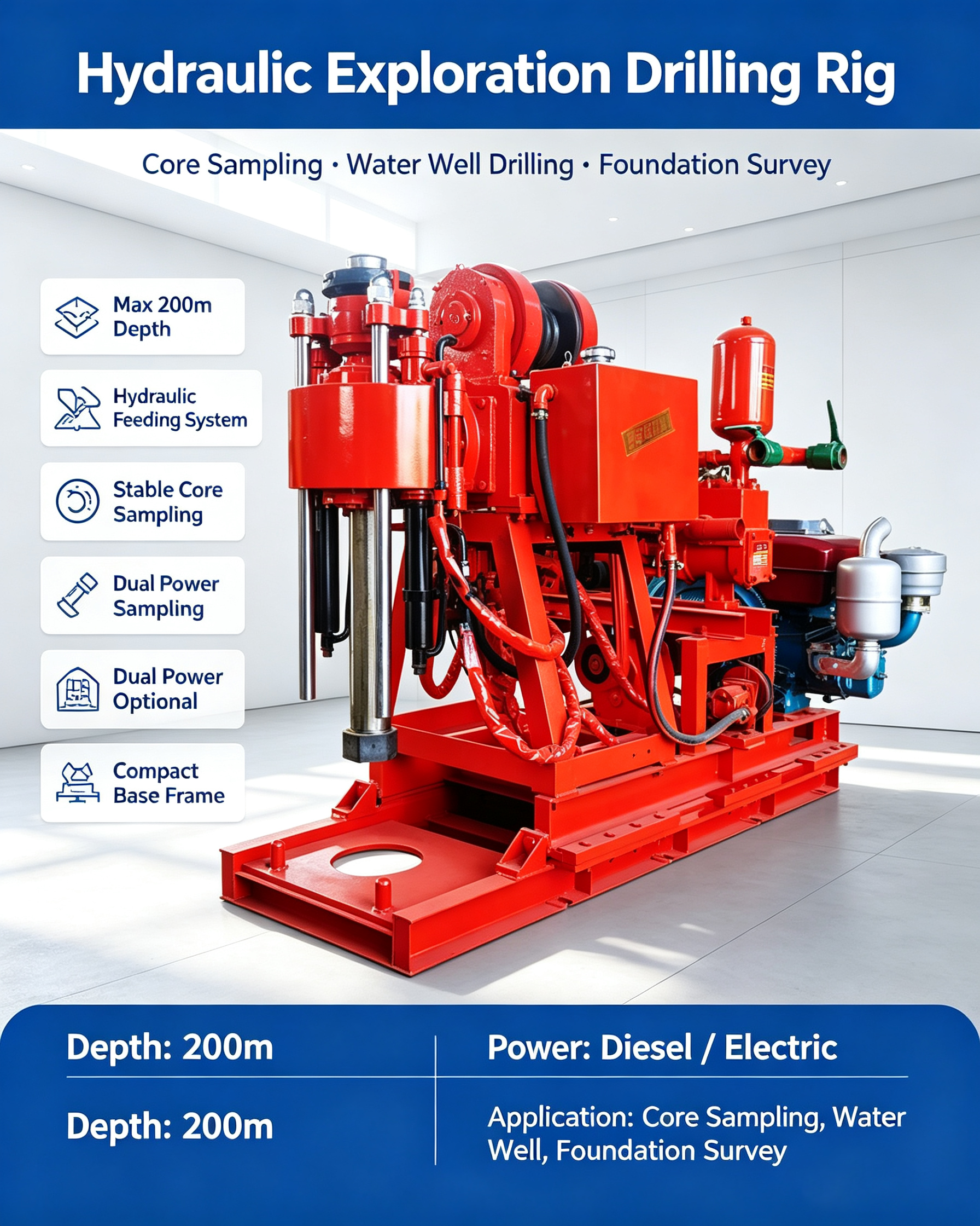 Multi Function Hydraulic Core Drilling Machine Easy Operation For Soft Soil Hard Rock