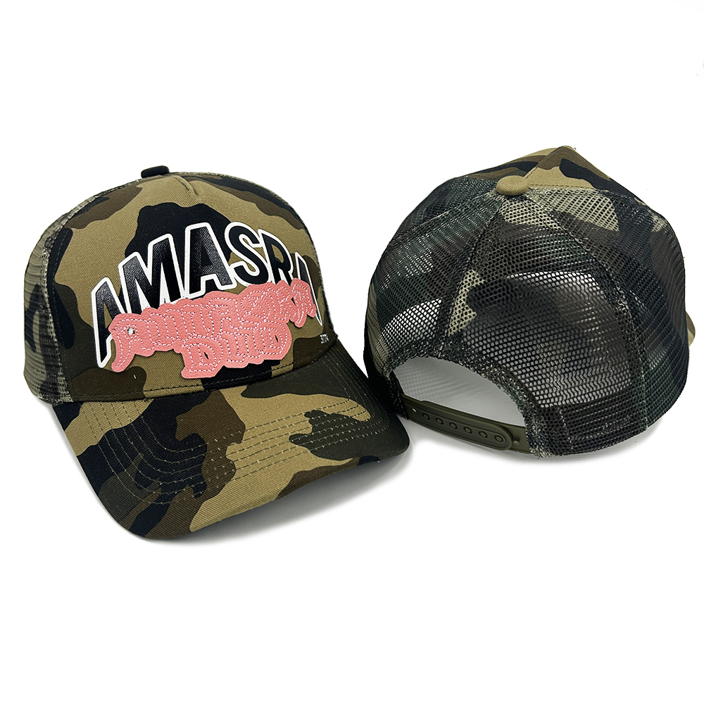 5 Panel Mesh Custom Logo Baseball Caps Leather Patch Silk Screen Printing Embroidery Logo Custom Camo Trucker