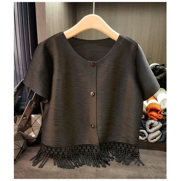 Sweet Tassel Design Spring Summer New Solid Color Thin Rabbit Polyester Casual Short Sleeve Cardigan Top Crewneck Loose Short