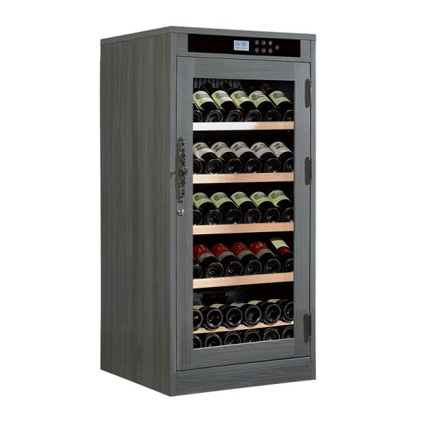 Front view of wine cooler cabinet with digital temperature display