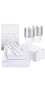 Gold Plastic Plates - Disposable Square Gold Plates Include Dinner Plates Dessert Plates Cups Plastic Cutlery