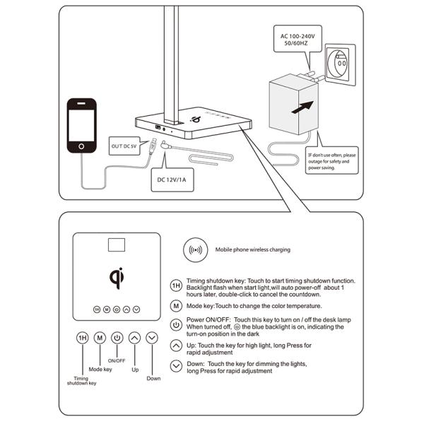Eye Caring Silver Wireless LED Table Lamp qi wireless charger Foldable Lamp Arm