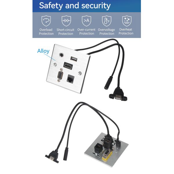Close-up view of multimedia wall socket interface panel