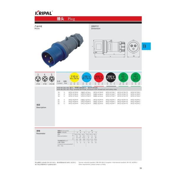 IP44 Industrial Electrical Plug 16A 220V Single Phase IEC standard