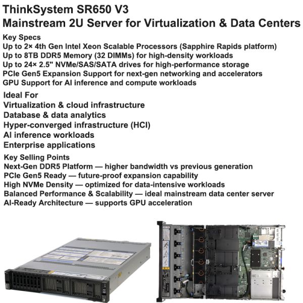 Lenovo Thinksystem SR650 V3 2U Rack Server with 5th Gen Intel Xeon Scalable Processors, Up to 36x NVMe Drives, and DDR5 Memory Support