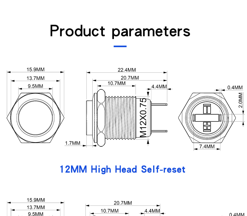 12MM Metal Push Button Switch No Light High Head Flat Head Self Resetting Welding Foot 2 Pin Normally Open Small Doorbell