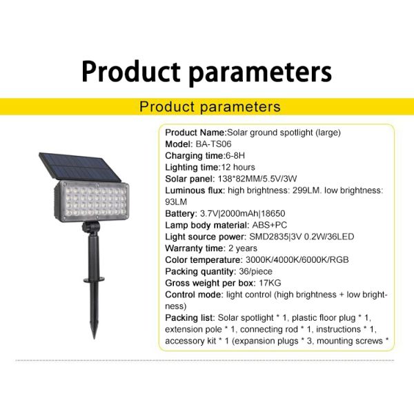16LED Solar Lawn Light 12W Super Bright Beads Double Angle Adjustable With Removable Rod
