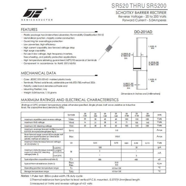 SR5150 5A 150V Schottky Barrier Rectifier Diode with Do-201ad Package Technology