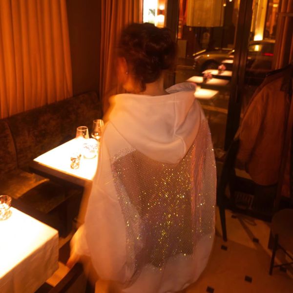 Customize Solid Rhinestone Bling Hollow Out Hoodie Backless Design Eye-Catching Must-Have Polyester/Cotton Oversized Breathable