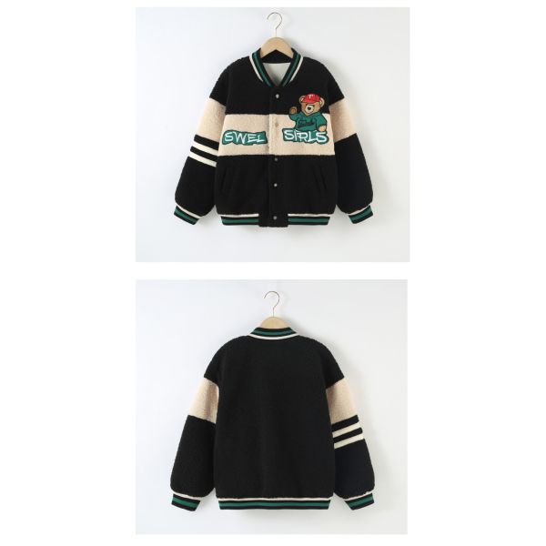 Thickened Bear Embroidered Baseball Lambswool Jacket