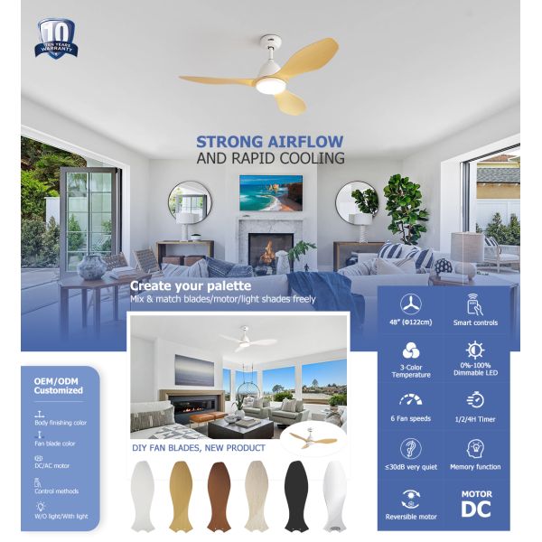 48-inch Plastic Blade Ceiling Fan Customizable Design for Small to Medium Spaces