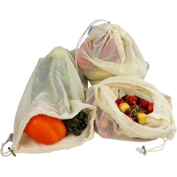 Wooden Bamboo Label logo Reusable Cotton Mesh Drawstring Bags