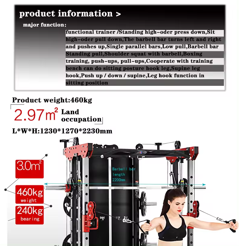 Commercial Indoor Gym Multi-Function Station Smith Cable Crossover for Strength Training-Targets Chest Back Shoulder Legs
