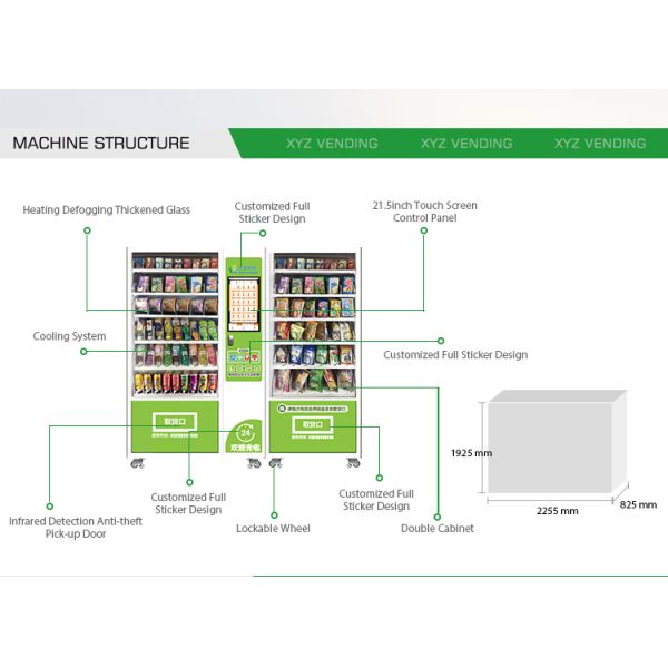 Custom Two Cabinets 21.5 Inch Touch Screen Combo Self Service Cool Beverage Drink Vending Machine Snacks