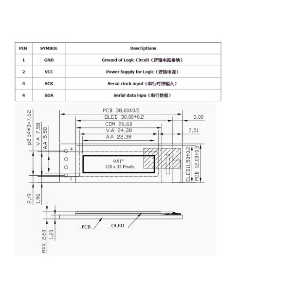 0.91 Inch PMOLED Display With PCBA, 128x32 Resolution, 4 Pins I2C Interface , Driving IC SSD1306