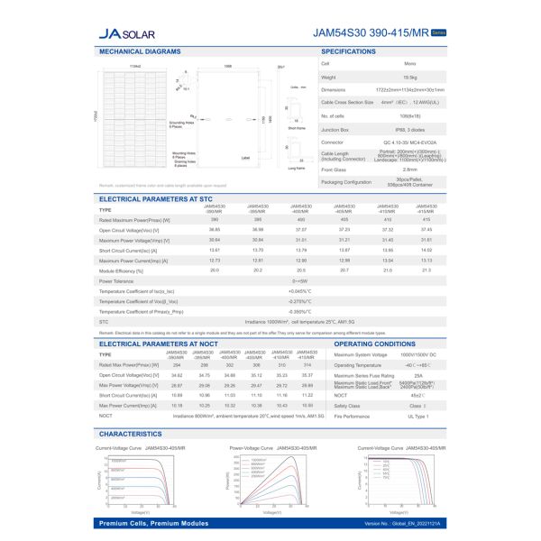 JAM54S30-410/MR Mono Half Cell Solar Panel JA PV Module 108 Cells
