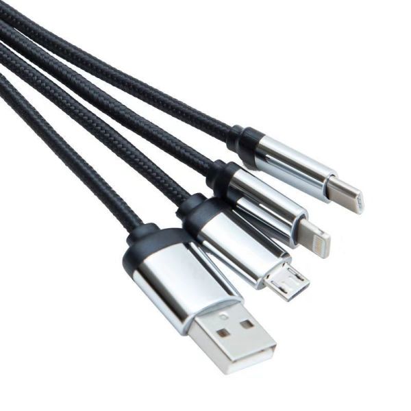 3 in 1 Light Up Logo USB Cable with Keyring and iPhone,Micro,Type-C Connector