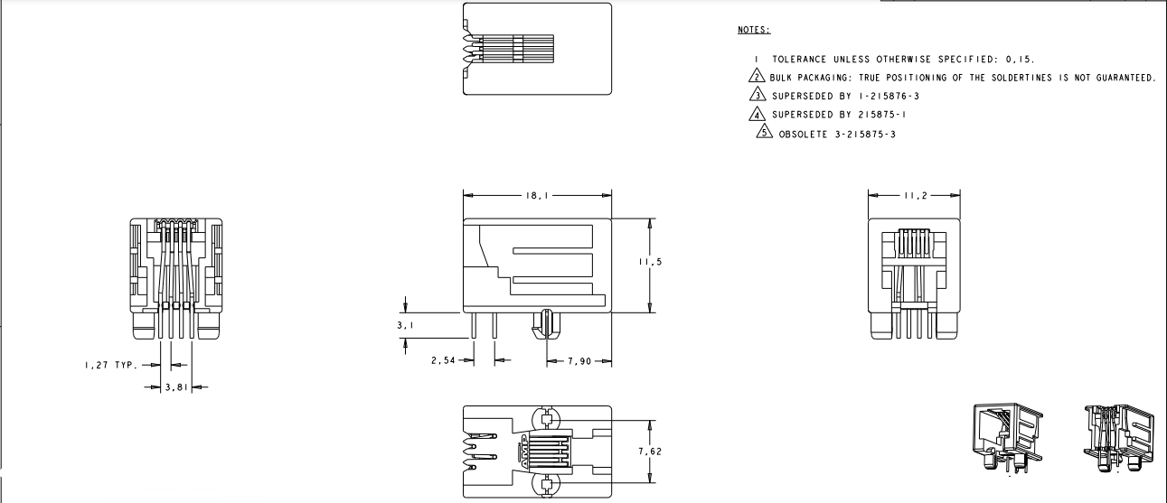Jack 4/4 Side Entry Pcb 4p4c Modular Connector 215875-1