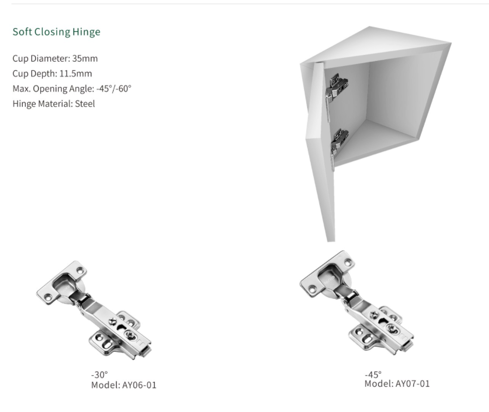 AY06 -45° Negative Angle Soft Closing Hinge Full / Half Overlay