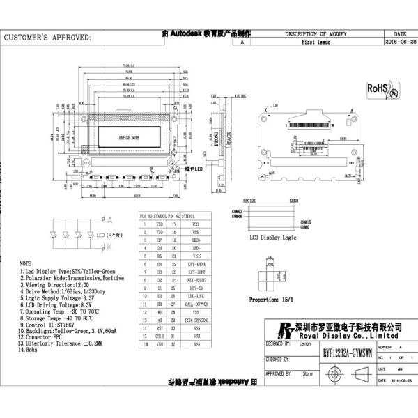 RYP12232A 122x32 Dots LCD Display Module ST7567 Driver COG Package White Backlight