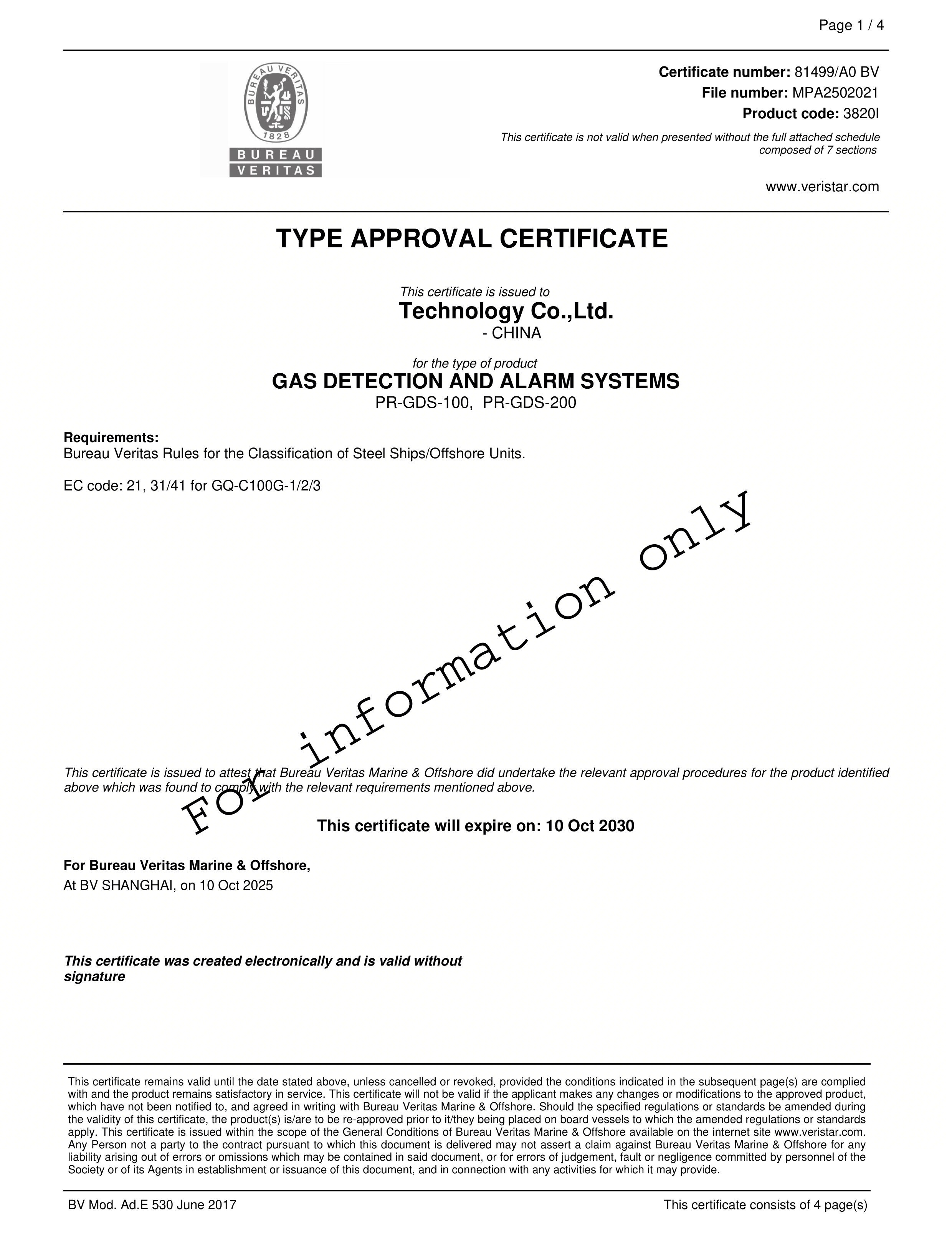 Bureau Veritas Type Approval Certificate for Gas Detection and Alarm Systems