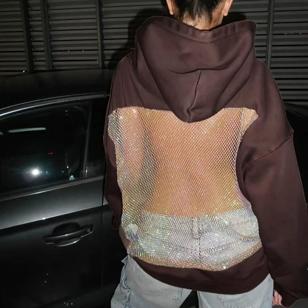 Customize Solid Rhinestone Bling Hollow Out Hoodie Backless Design Eye-Catching Must-Have Polyester/Cotton Oversized Breathable